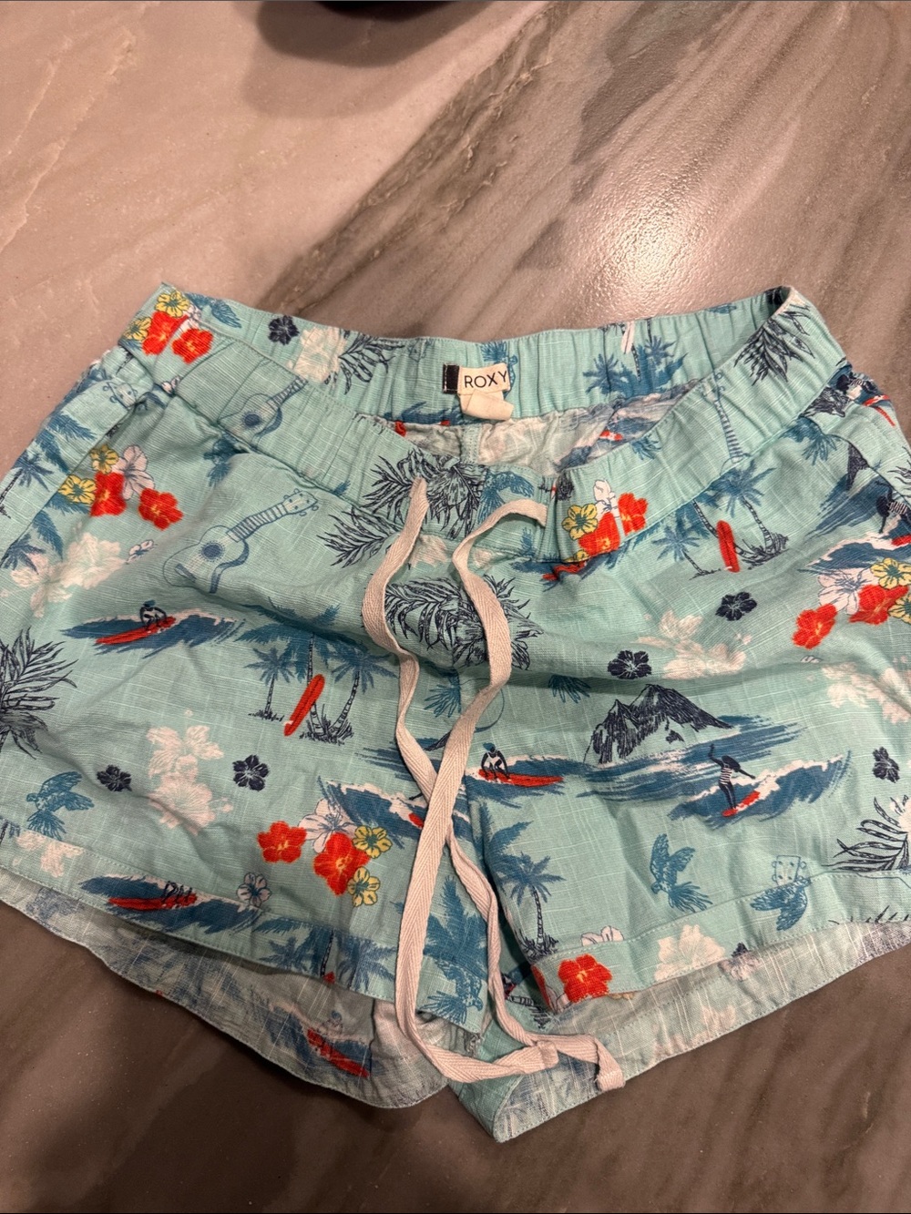 Roxy Light Blue Tropical Print Drawstring Shorts